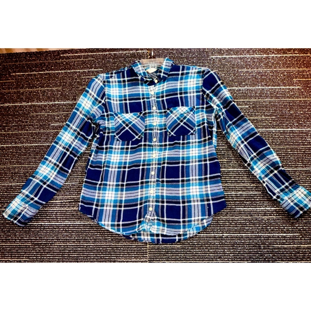 Aeropostale Plaid Flannel Shirt Women M Blue White Long Sleeve